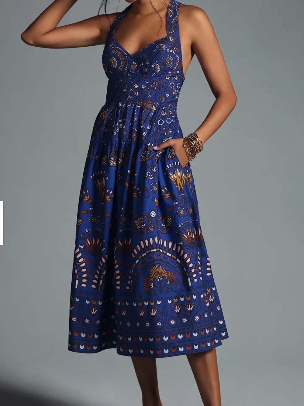 Anthropologie Navy Blue and Gold Printed Midi Dress